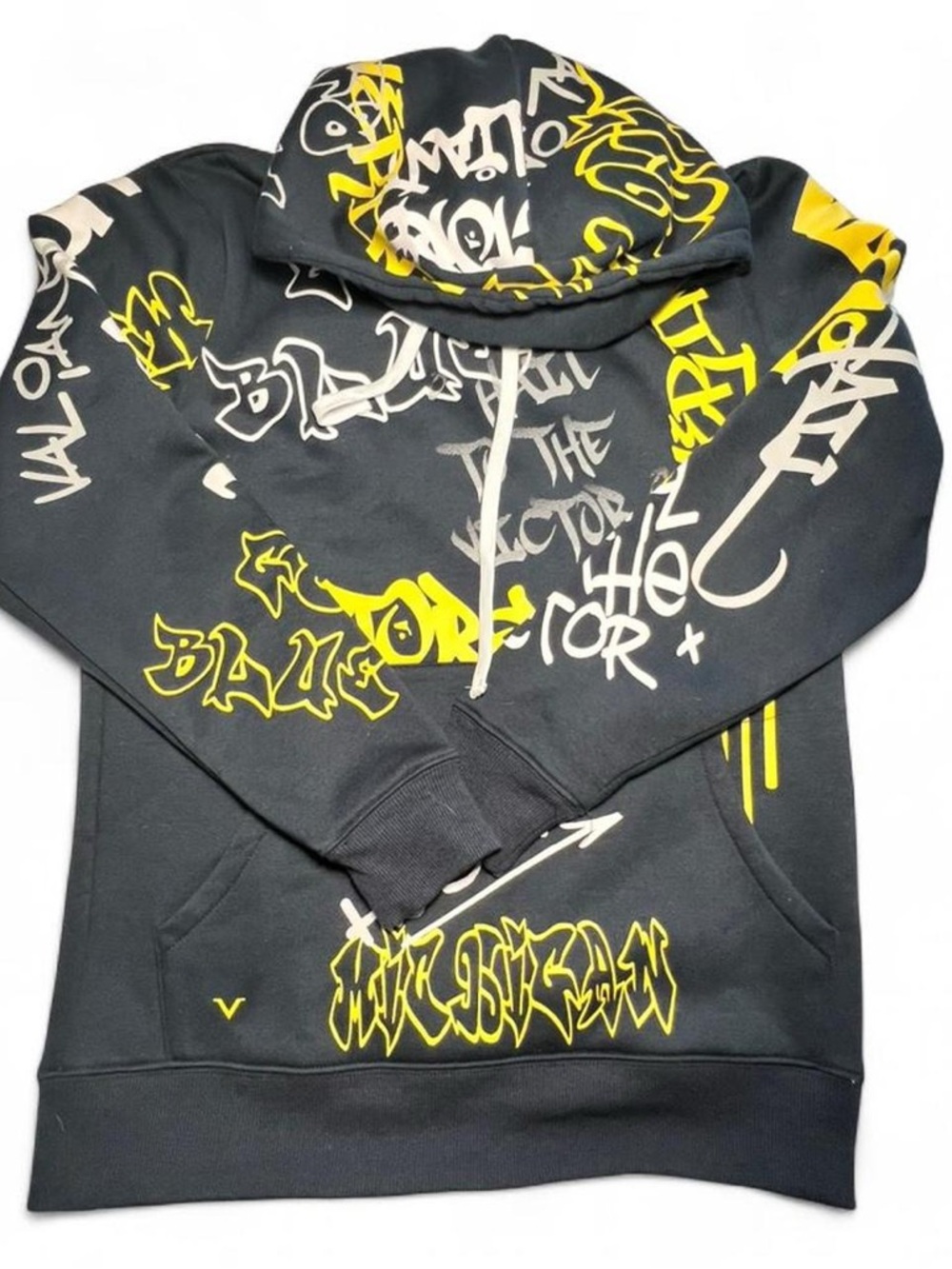 Michigan Graffiti Print Black Hoodie with Yellow & White Accents